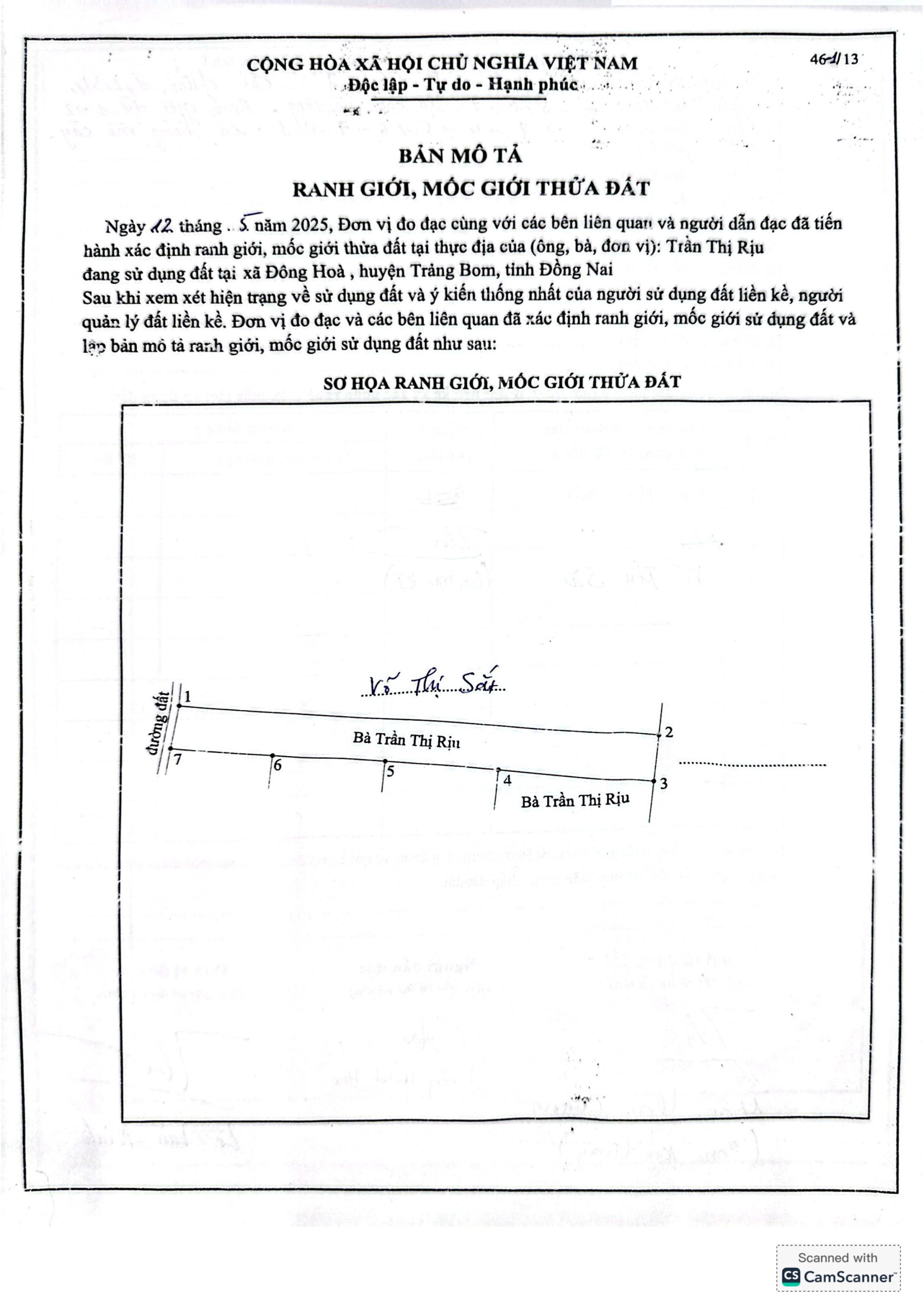 Bản mô tả ranh giới, mốc giới thửa đất số 46 1 0001